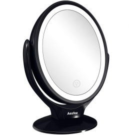 Aesfee Double Sided LED Lighted Makeup Mirror with Lights, Lighted Makeup Vanity Mirror 1x/7x Magnification 360 Degree Rotatable with Touch Screen Dimming, Portable USB Chargeable Cosmetic Magnifying Mirrors (Black)